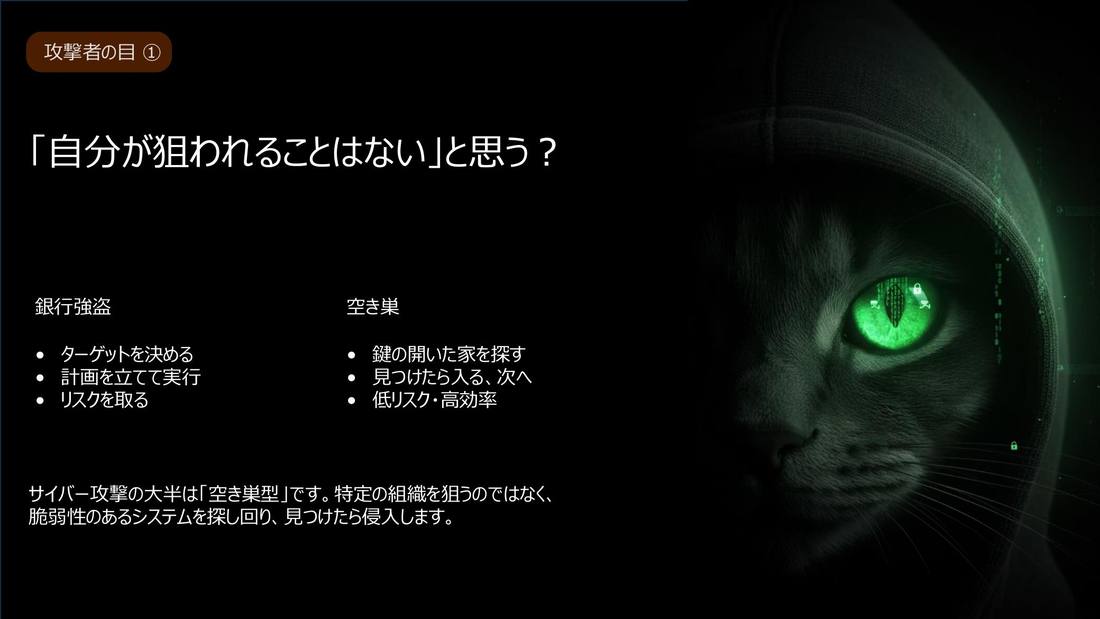 講義スライド:攻撃者の目① 銀行強盗と空き巣