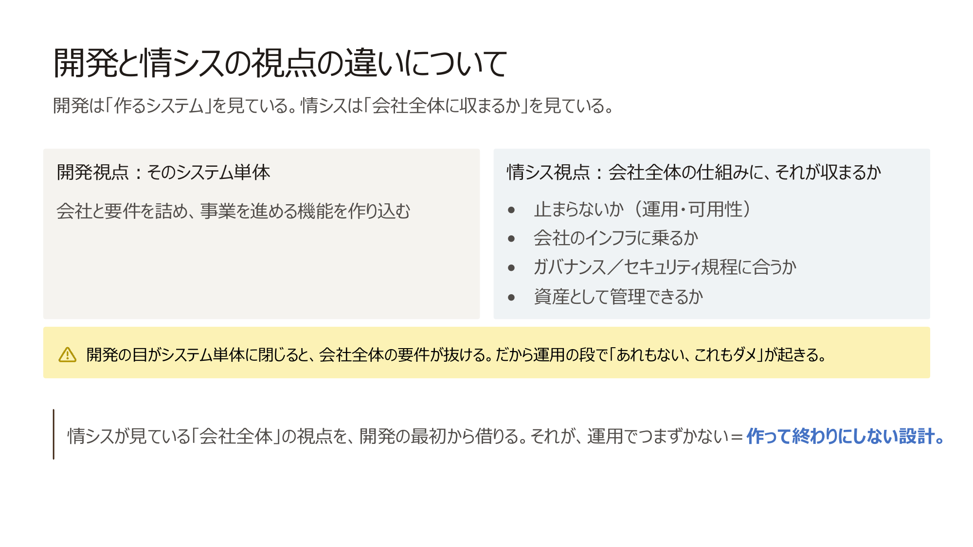 開発と情シスの視点の違いの図。開発視点はそのシステム単体。情シス視点は止まらないか・会社のインフラに乗るか・ガバナンスに合うか・資産として管理できるかという会社全体の仕組み