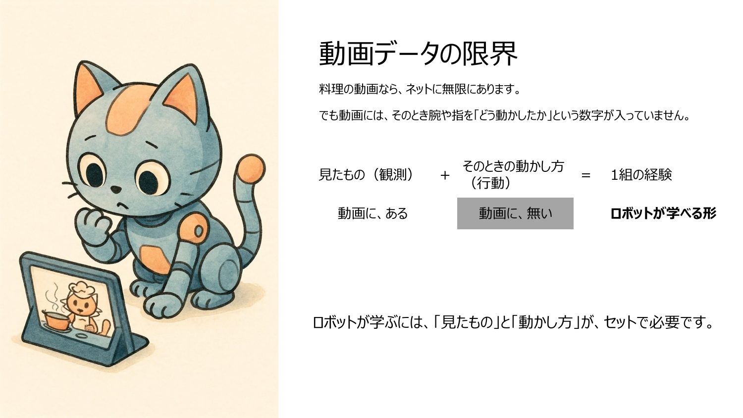 動画データの限界。「見たもの」は動画にあるが、「動かし方」は無い